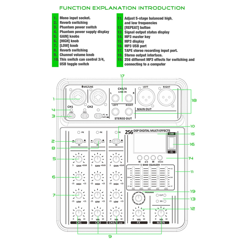 Audio Mixer 4 Channel - Mezclador de Audio AA60-4 canales 256DSP